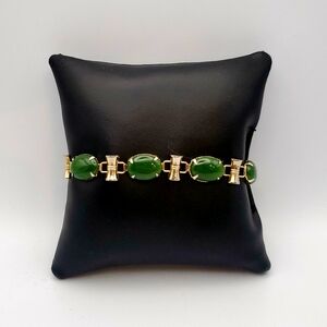 Vintage Green Jade & Gold Plated Bracelet Oval Cabochon Stones w/ Tubular Links